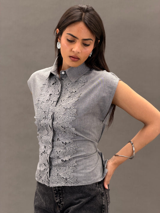 Mandarin Guipure Top – Steel