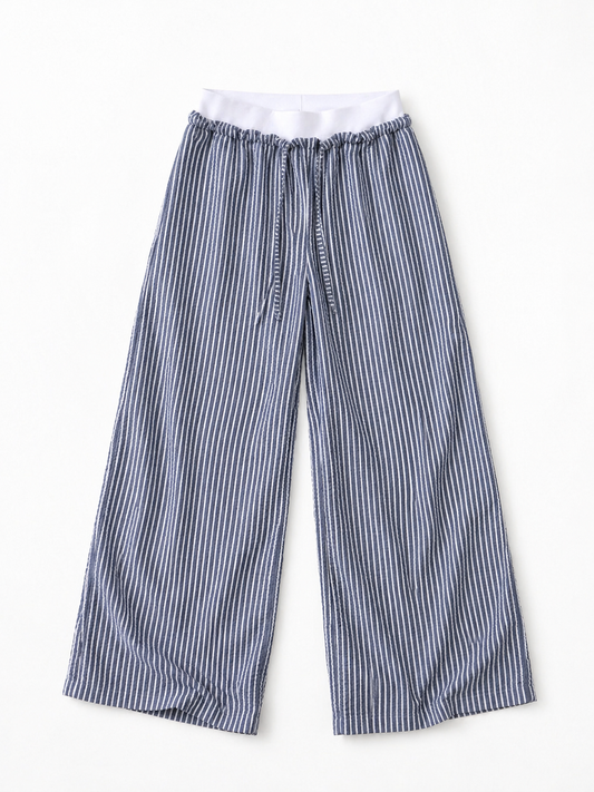 Double Waist Crinkled Pants- Navy Strips