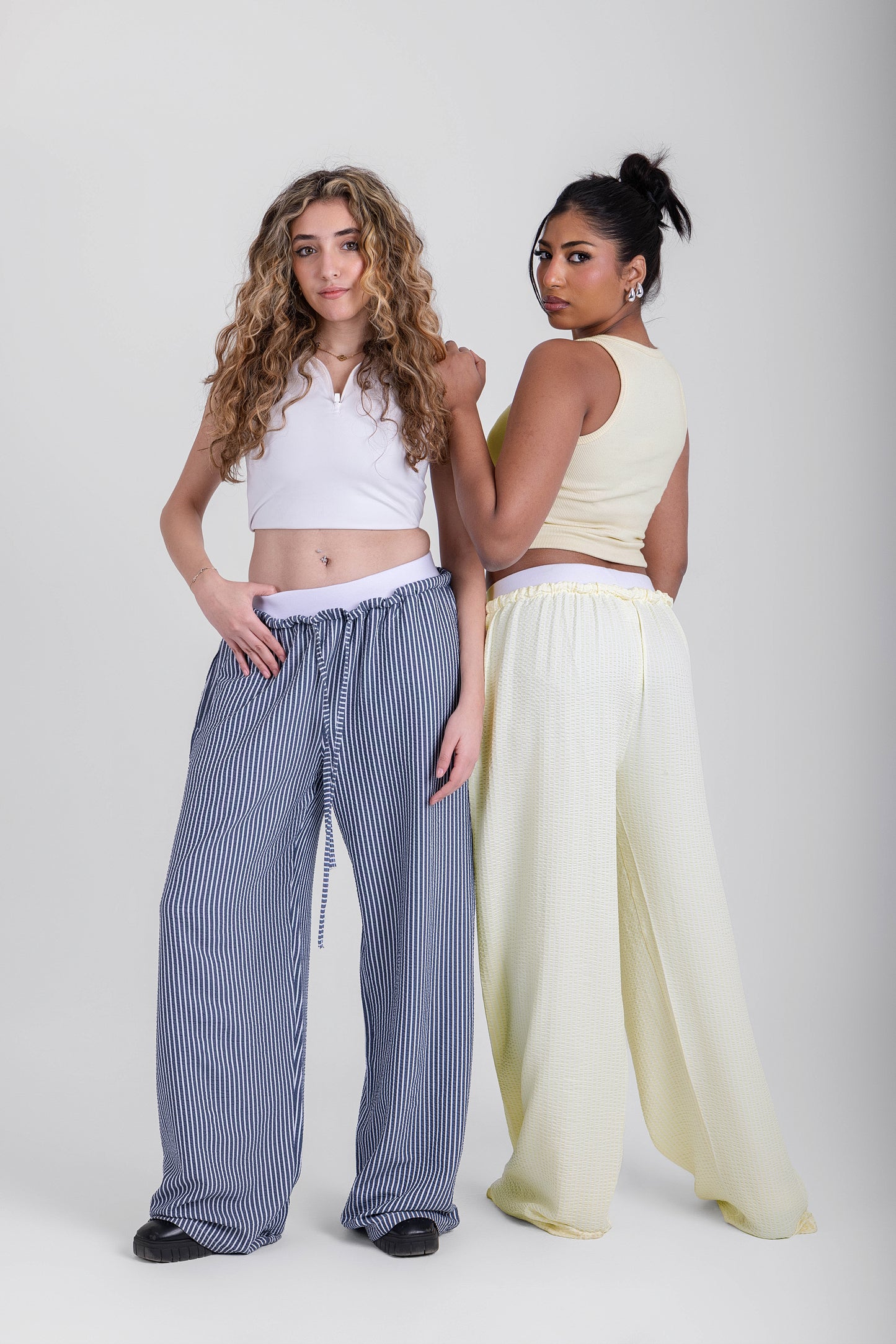Double Waist Crinkled Pants- Navy Strips