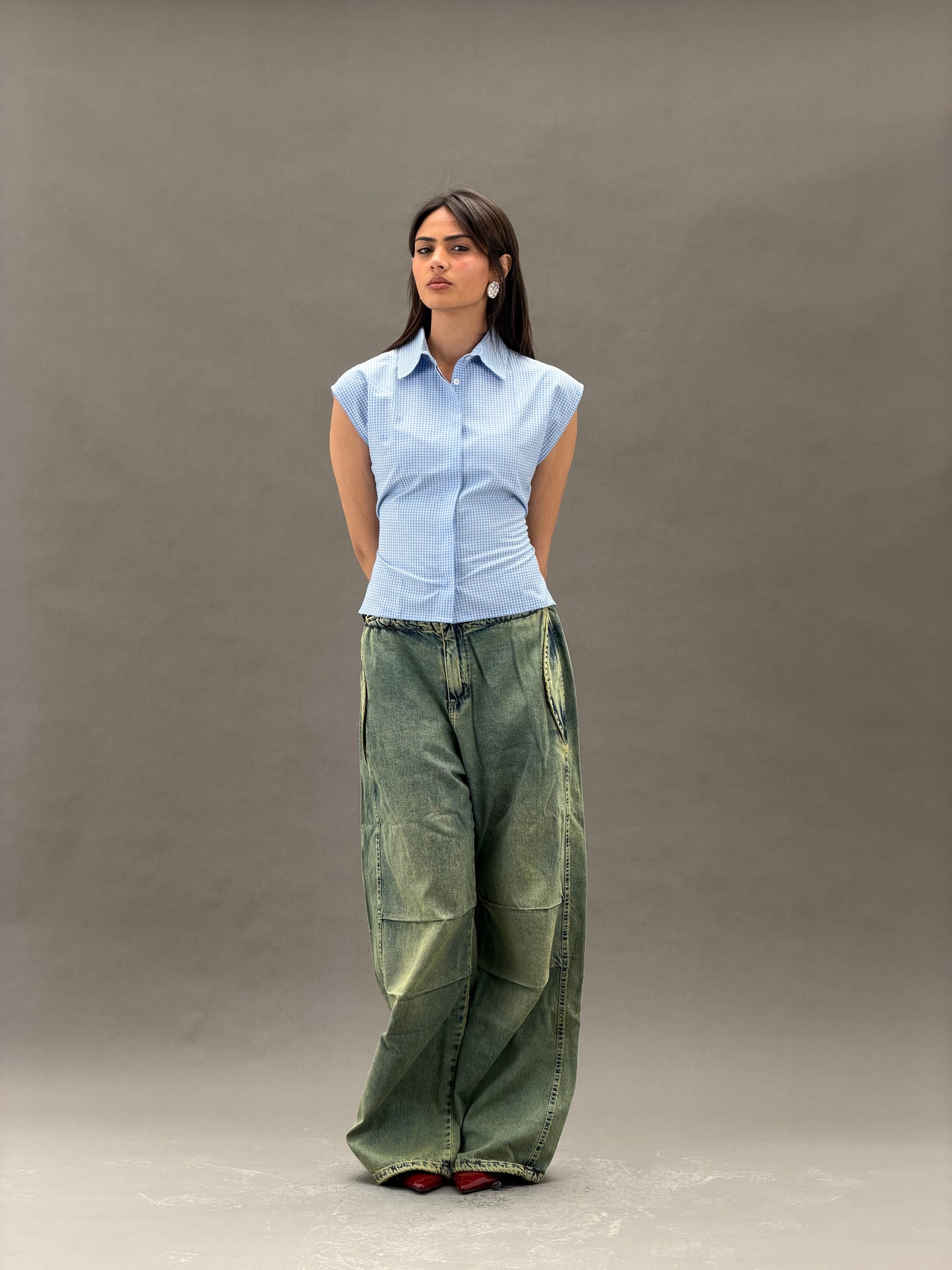 Mandarin Guipure Top – Blue Checker