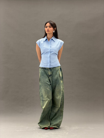 Mandarin Guipure Top – Blue Checker