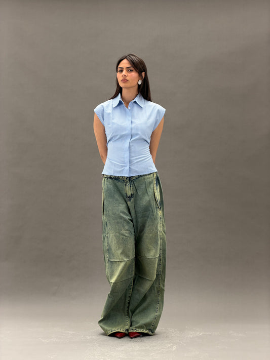 Mandarin Guipure Top – Blue Checker