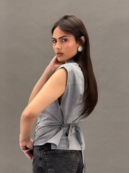 Mandarin Guipure Top – Steel