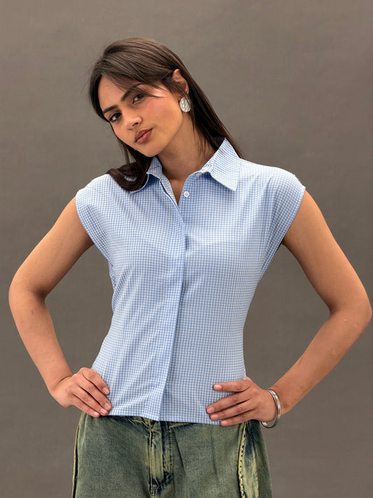 Mandarin Guipure Top – Blue Checker