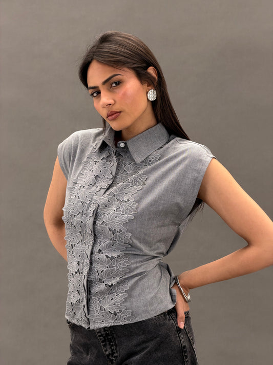 Mandarin Guipure Top – Steel