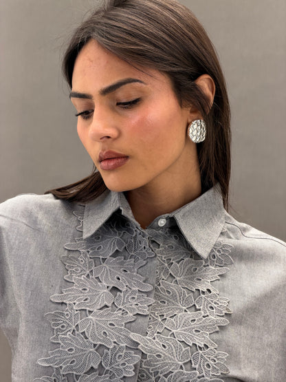 Mandarin Guipure Top – Steel