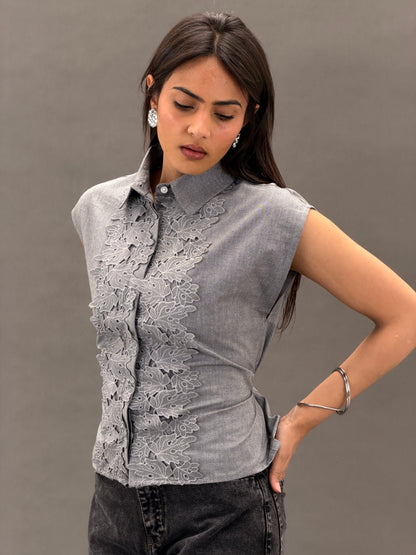 Mandarin Guipure Top – Steel