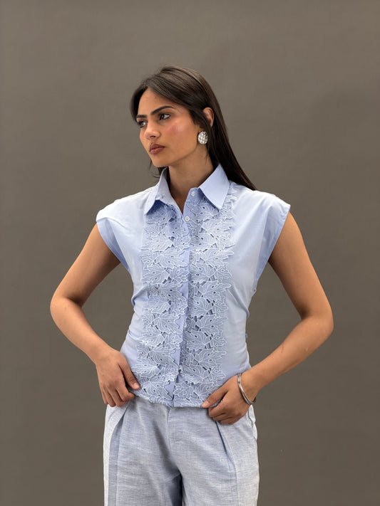 Mandarin Guipure Top – Baby Blue
