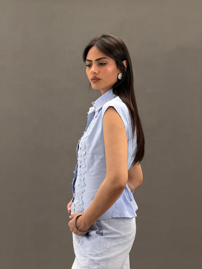 Mandarin Guipure Top – Baby Blue