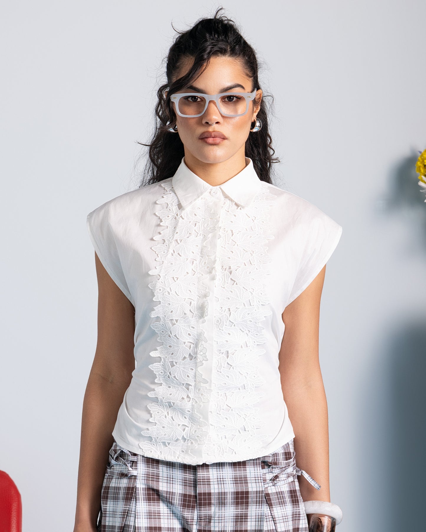 Mandarin Guipure Top – White
