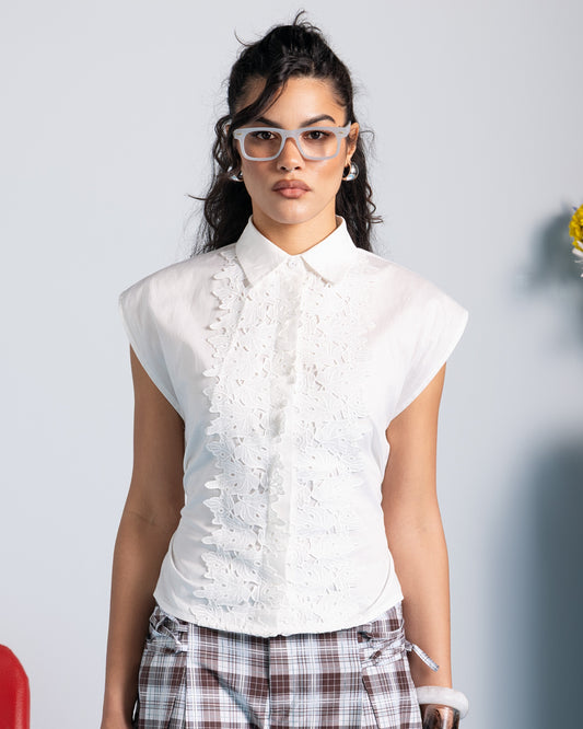 Mandarin Guipure Top – White