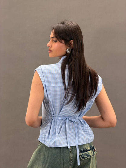 Mandarin Guipure Top – Blue Checker