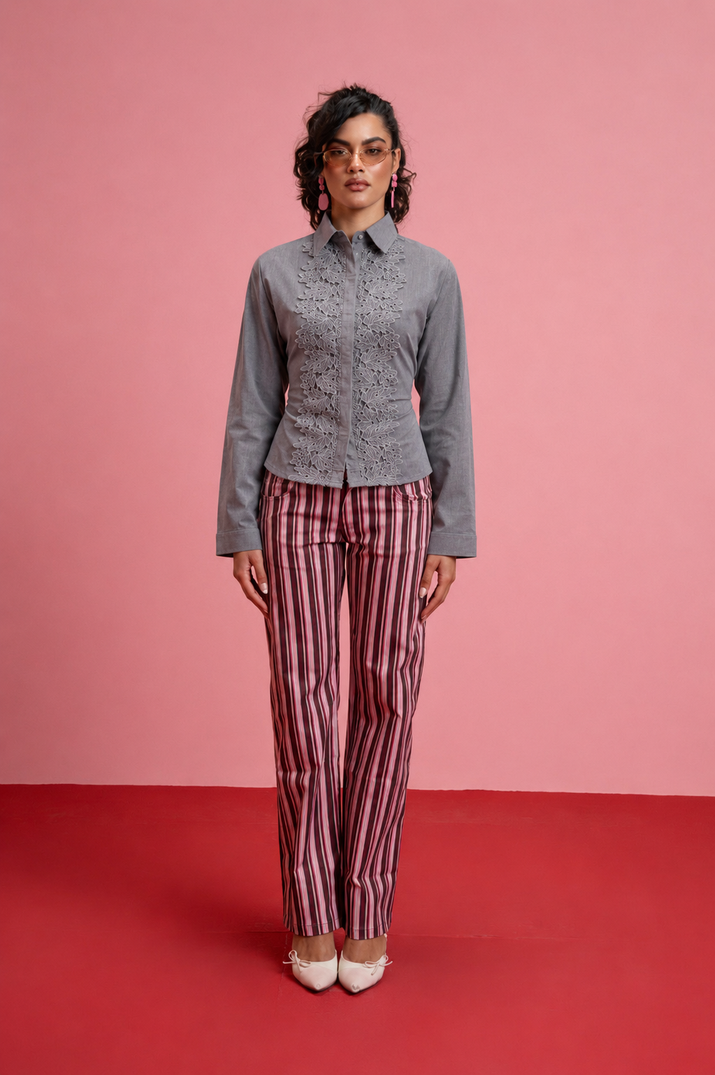 Long Sleeve Mandarin Guipure Top – Grey