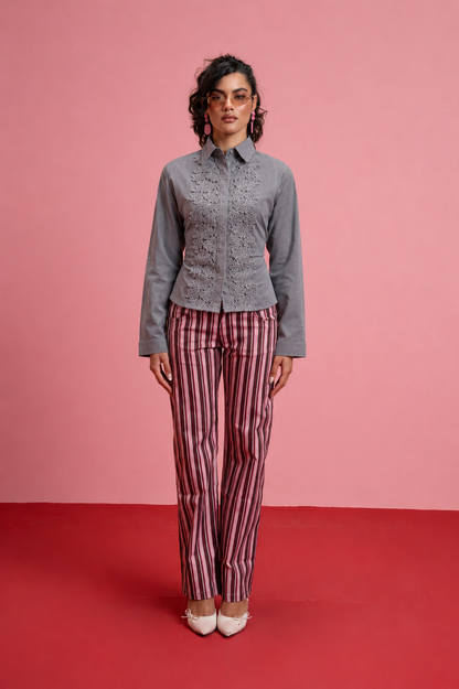 Long Sleeve Mandarin Guipure Top – Grey