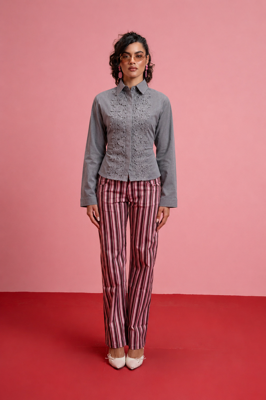 Long Sleeve Mandarin Guipure Top – Grey