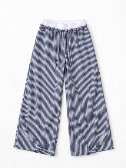 Double Waist Crinkled Pants- Navy Strips