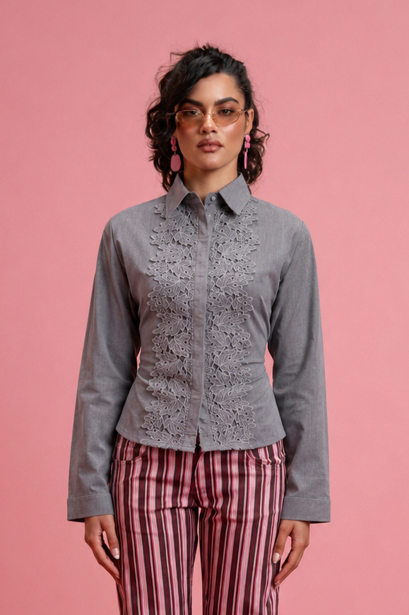 Long Sleeve Mandarin Guipure Top – Grey