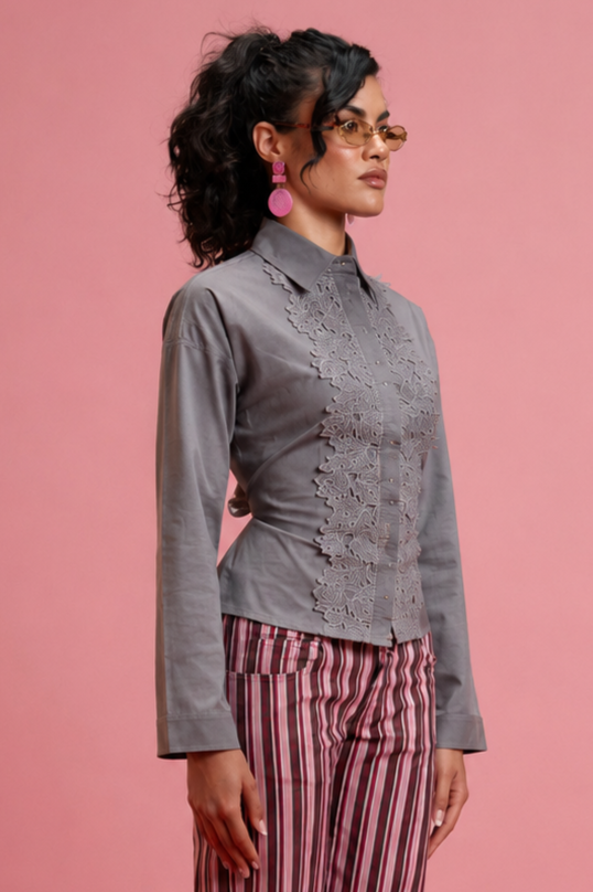 Long Sleeve Mandarin Guipure Top – Grey