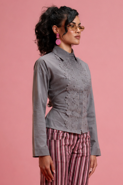Long Sleeve Mandarin Guipure Top – Grey
