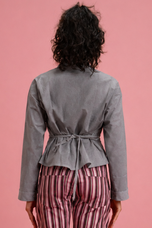 Long Sleeve Mandarin Guipure Top – Grey