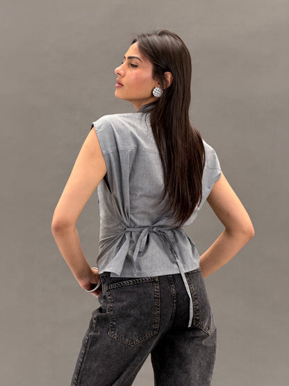 Mandarin Guipure Top – Steel