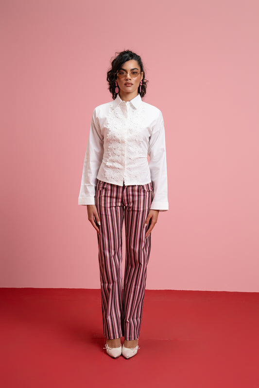Long Sleeve Mandarin Guipure Top – White