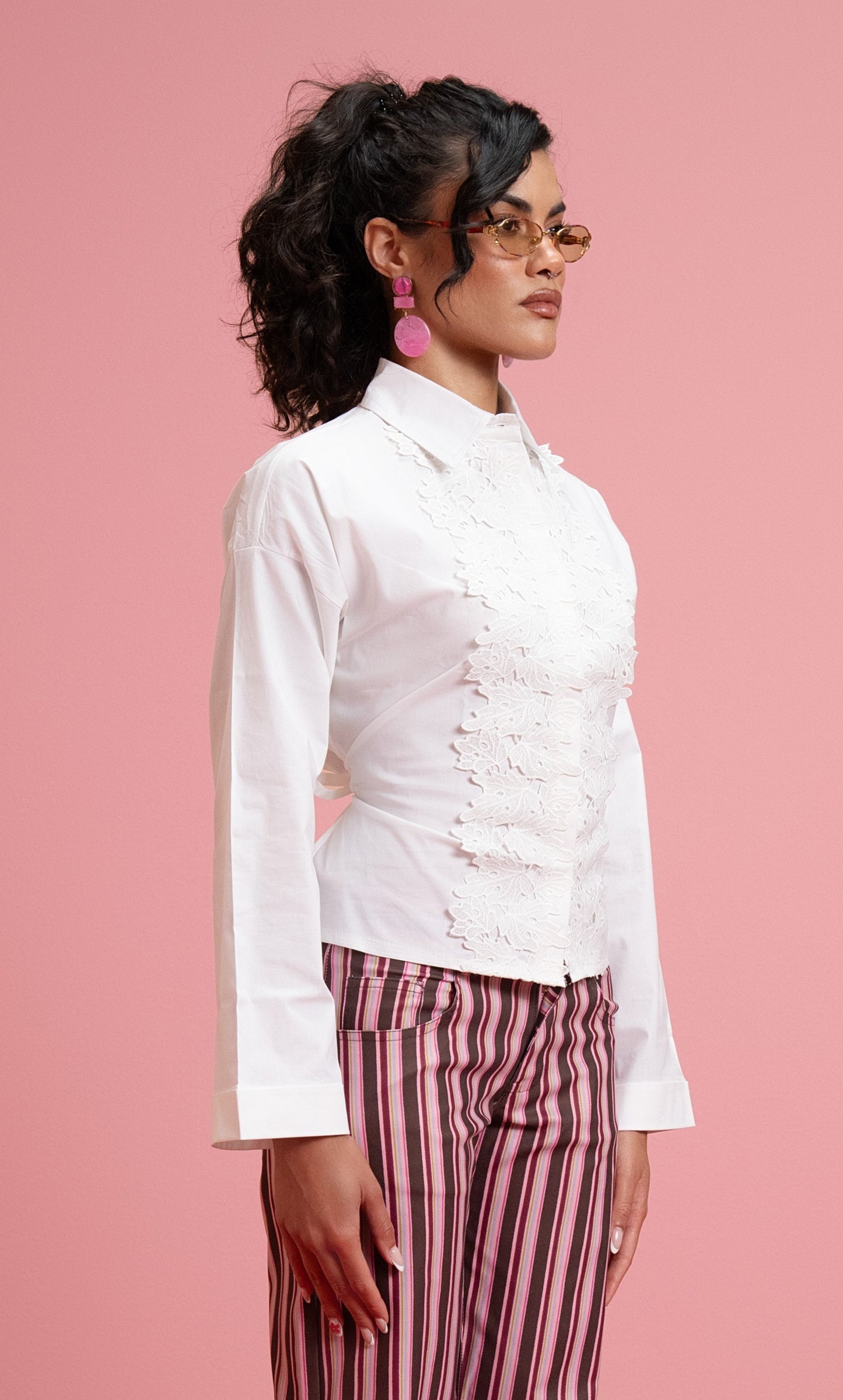 Long Sleeve Mandarin Guipure Top – White