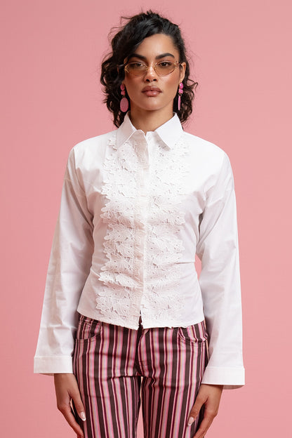 Long Sleeve Mandarin Guipure Top – White