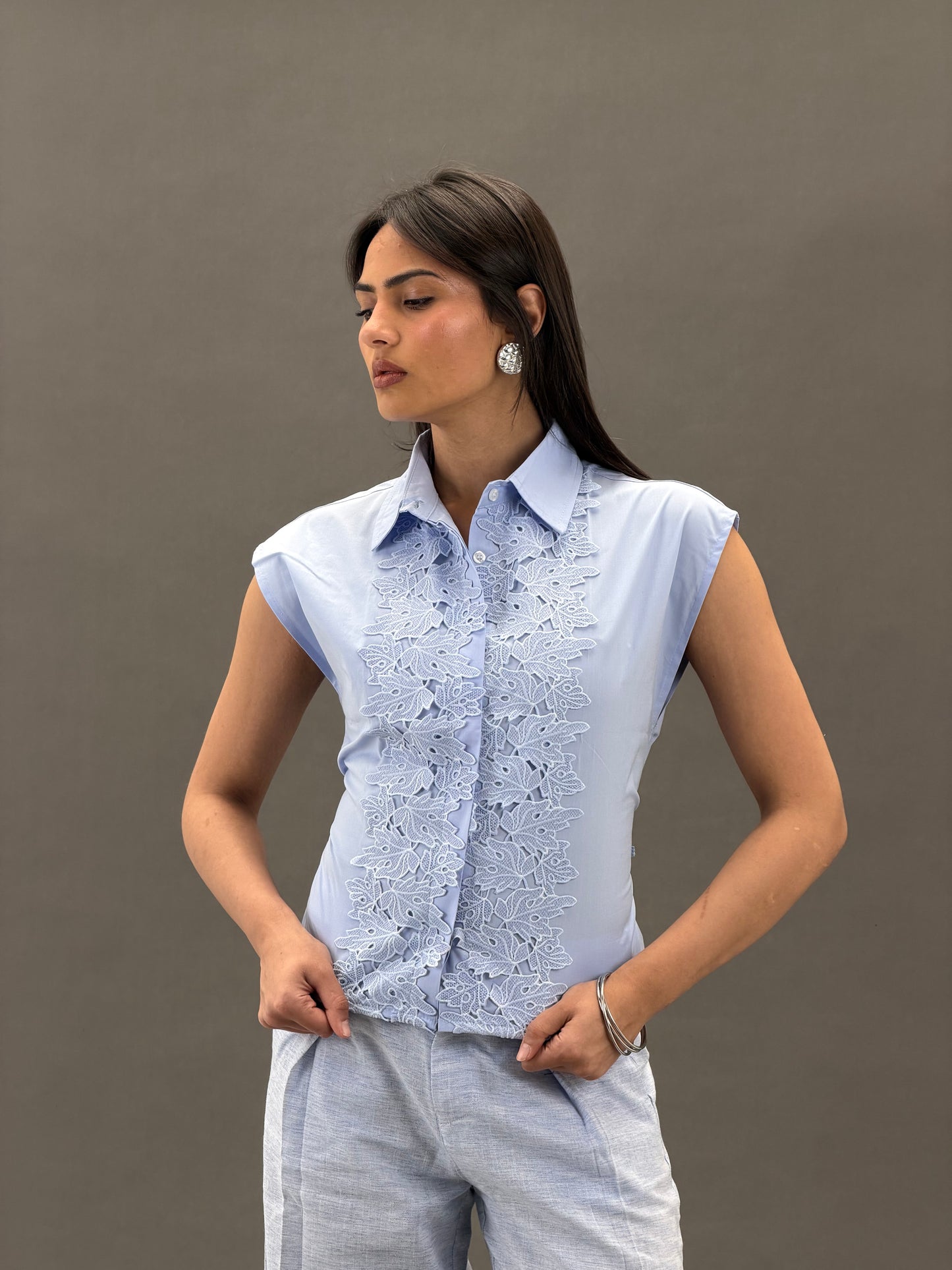 Mandarin Guipure Top – Baby Blue