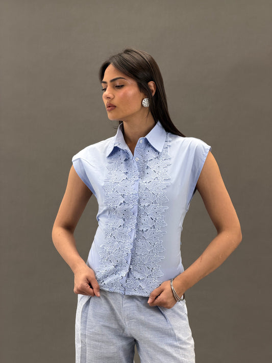 Mandarin Guipure Top – Baby Blue