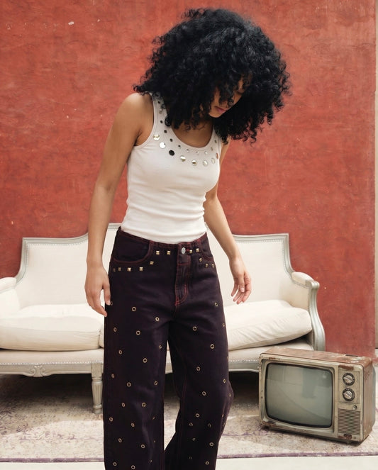 No Waist Denim Studs - Cielo Red
