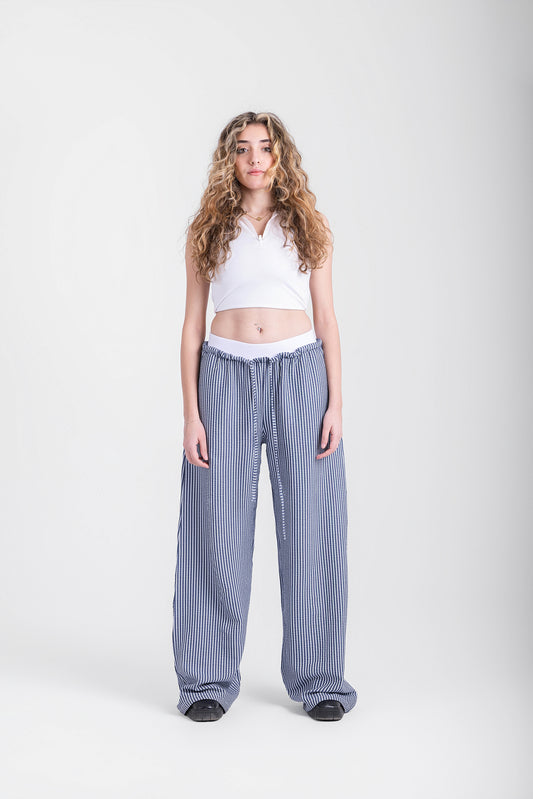 Double Waist Crinkled Pants- Navy Strips