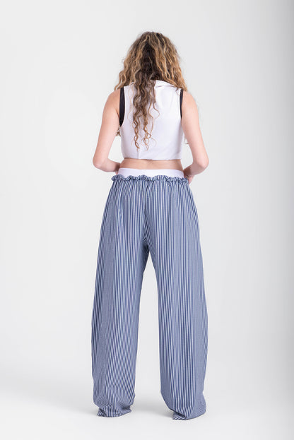 Double Waist Crinkled Pants- Navy Strips