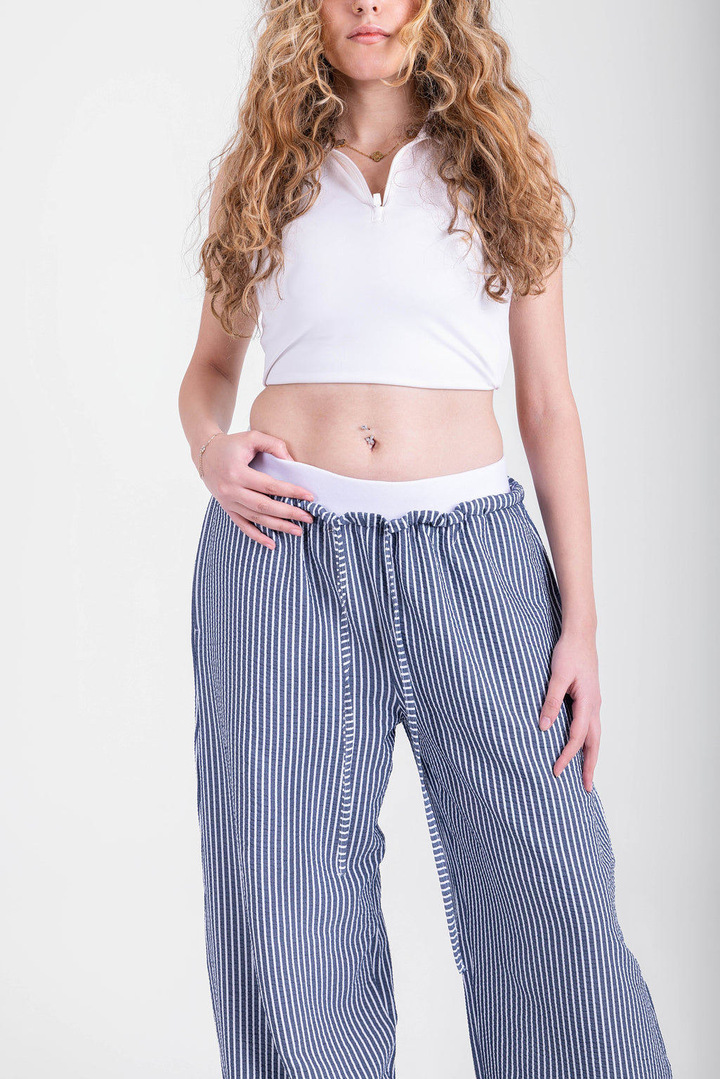 Double Waist Crinkled Pants- Navy Strips