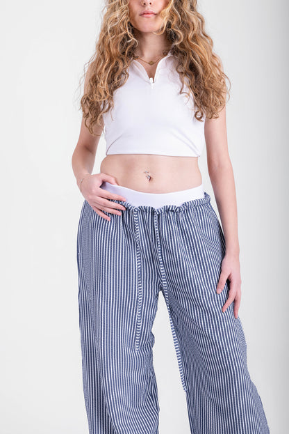 Double Waist Crinkled Pants- Navy Strips