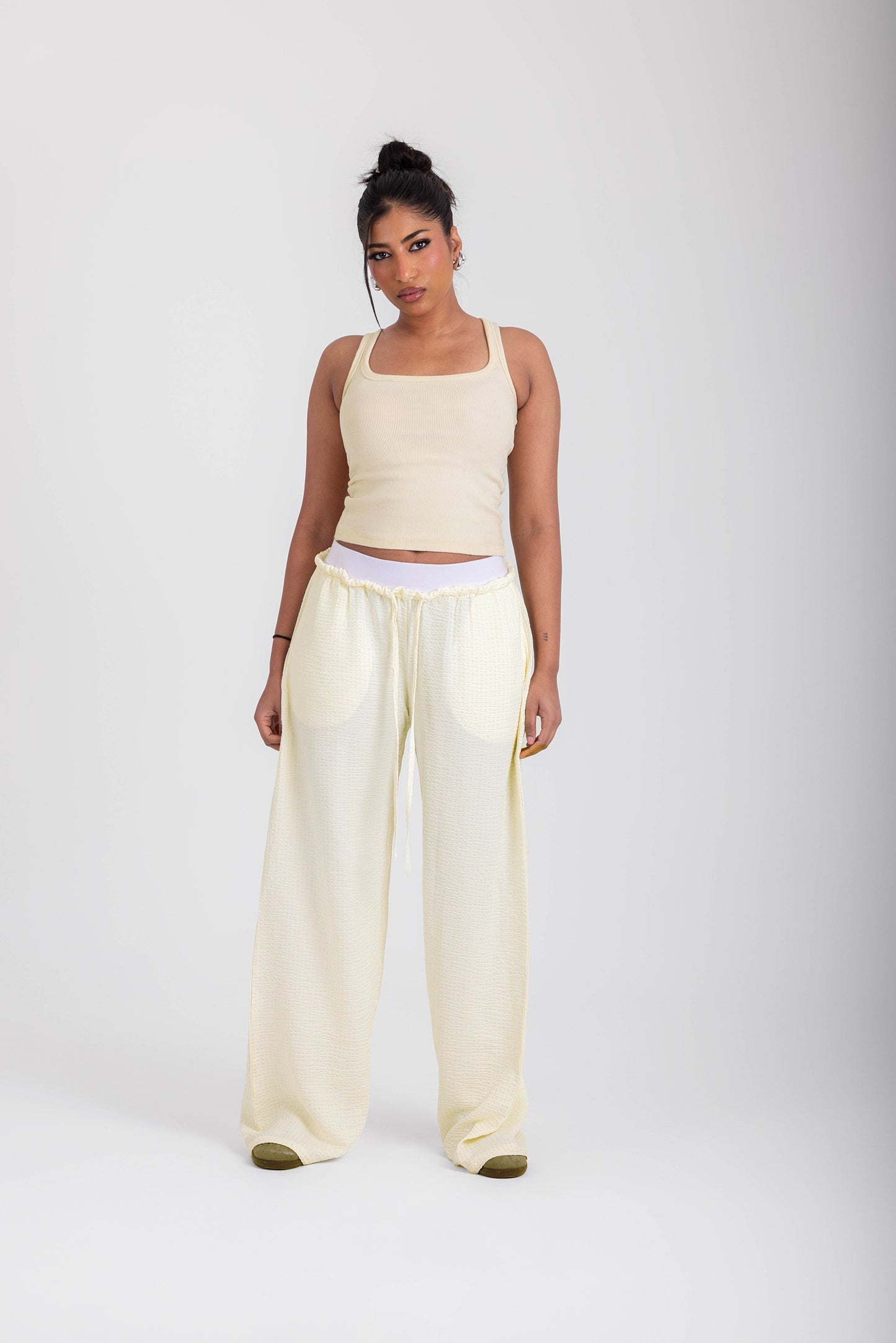 Double Waist Crinkled Pants- Butter Yellow