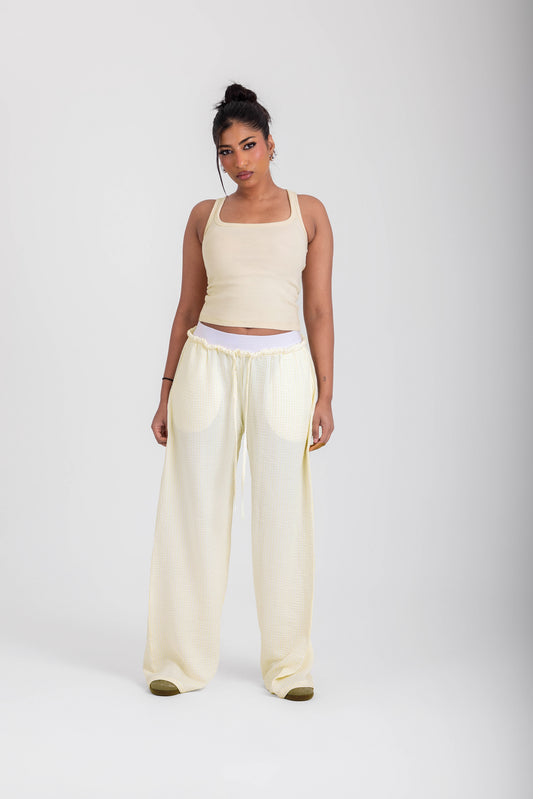 Double Waist Crinkled Pants- Butter Yellow