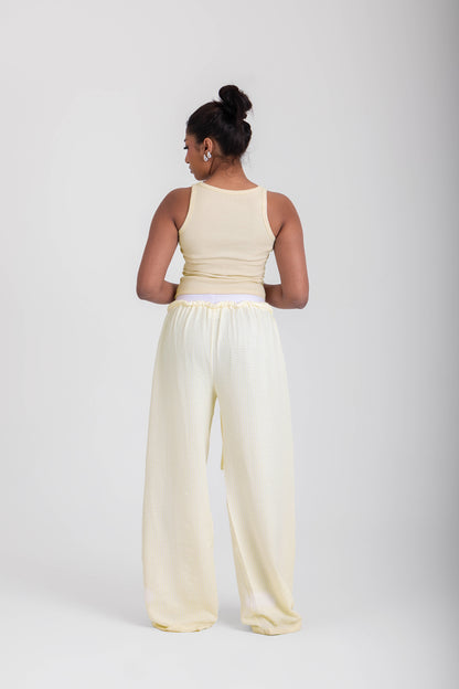 Double Waist Crinkled Pants- Butter Yellow