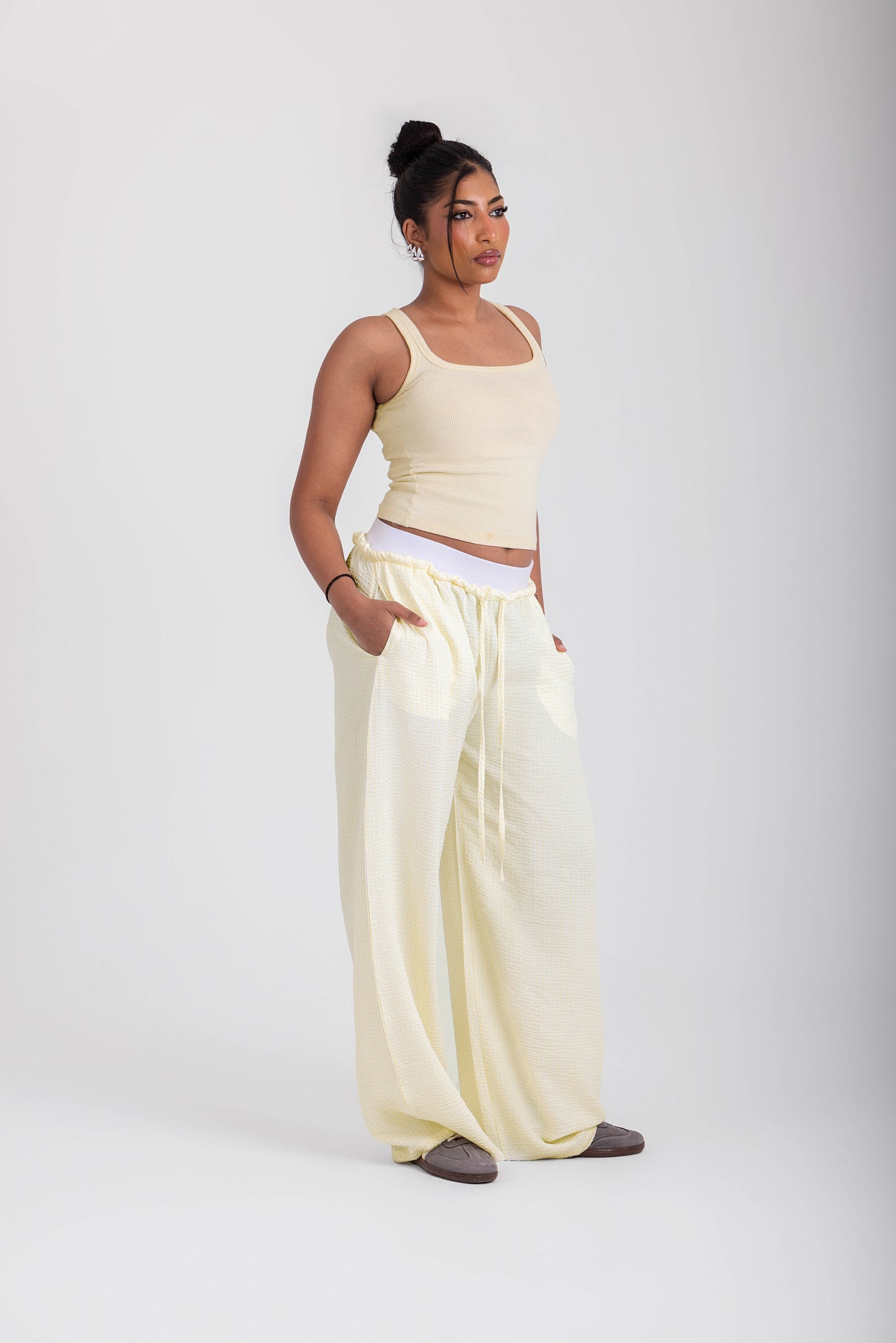 Double Waist Crinkled Pants- Butter Yellow