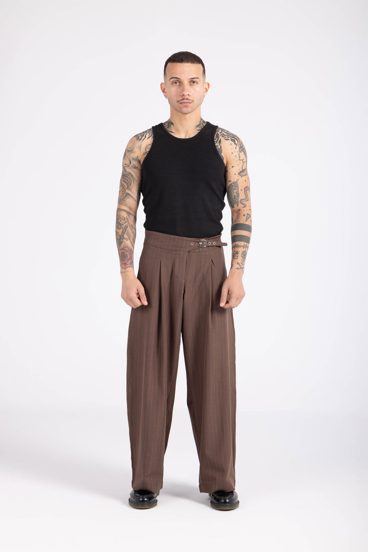 Striped Cinch Trousers - Brown