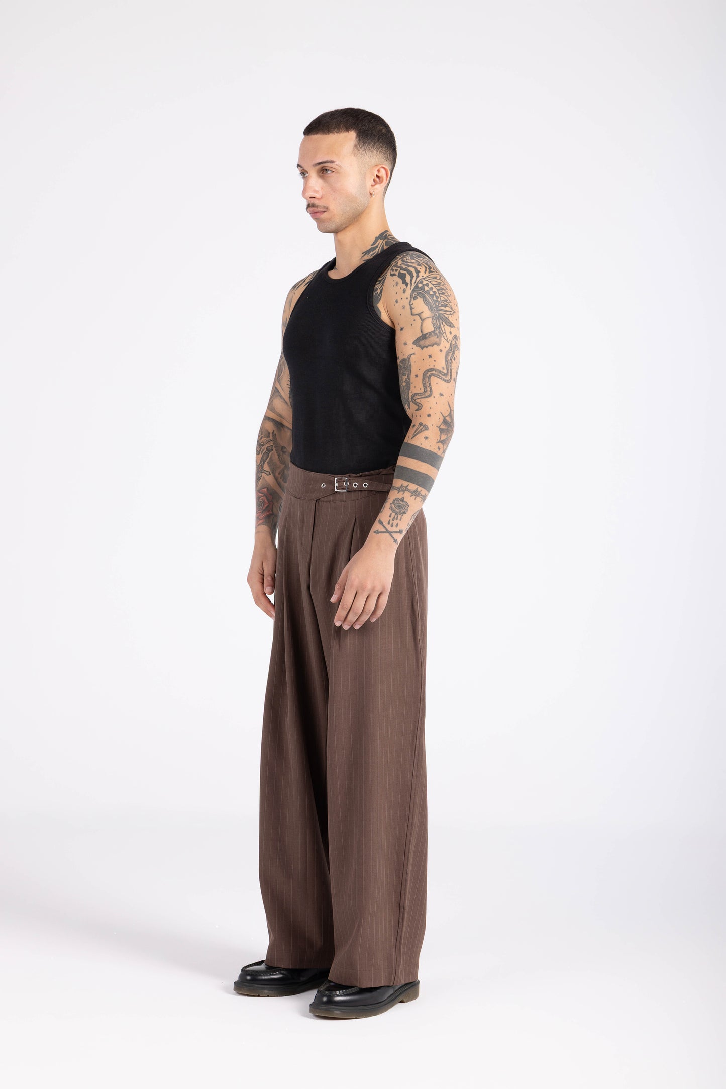 Striped Cinch Trousers - Brown