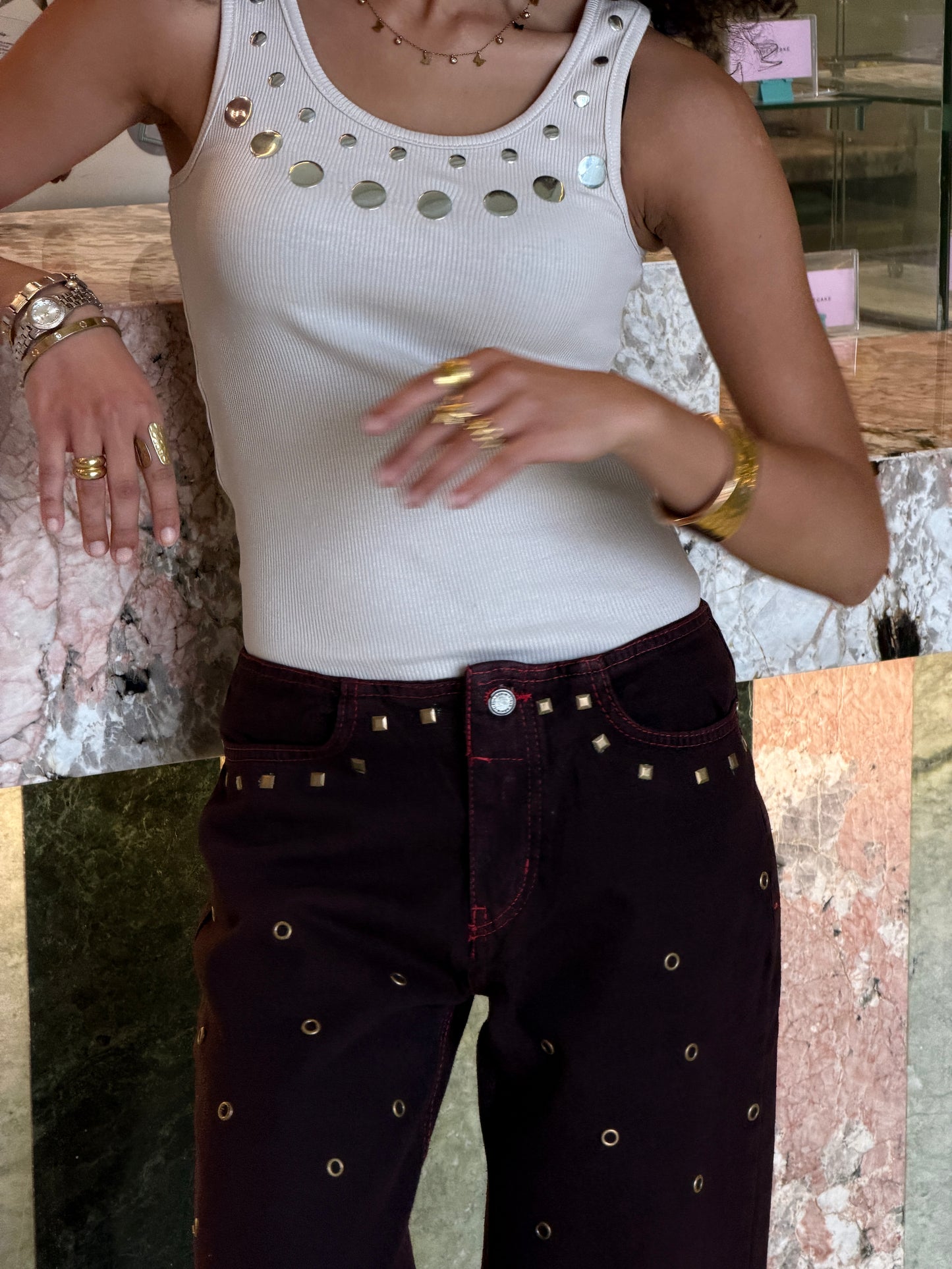No Waist Denim Studs - Cielo Red