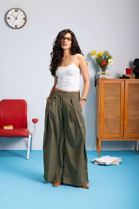 Kairo Pleated - Olive Pinstripe